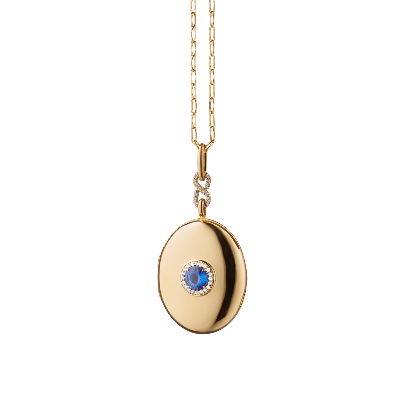 Modern Lockets Yellow Gold Blue Sapphire and Diamond Infinity Pendant Monica Rich Kosann 44340